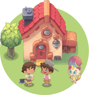 Prodigy English characters stand around a house. 