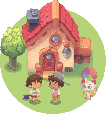 Prodigy English characters stand around a house.