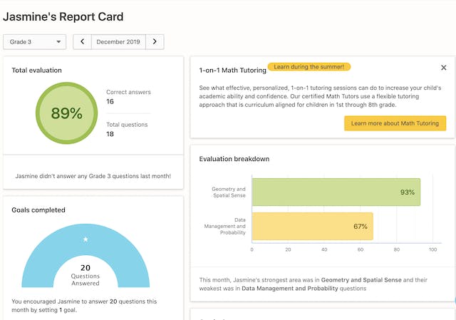 Screenshot of a monthly Report card in Prodigy parent account