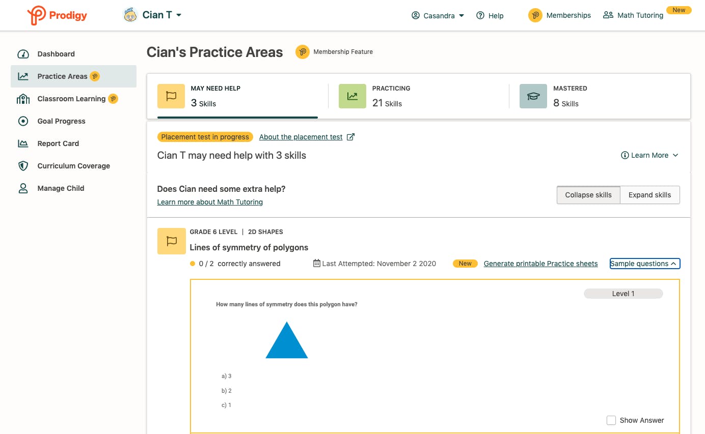 Screenshot of Prodigy's Practice Areas parent dashboard.