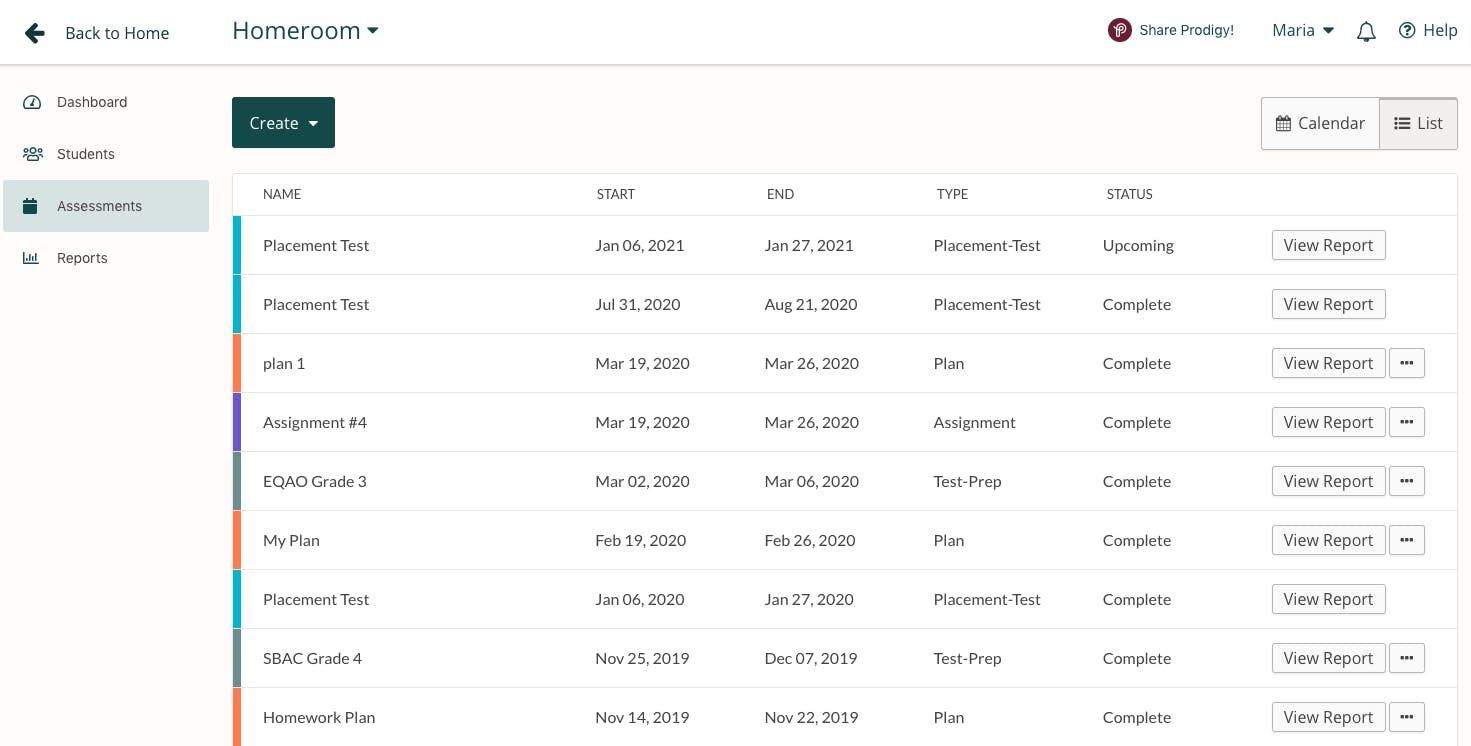 Screenshot of the Assignments/Plans report in the Prodigy teacher dashboard.