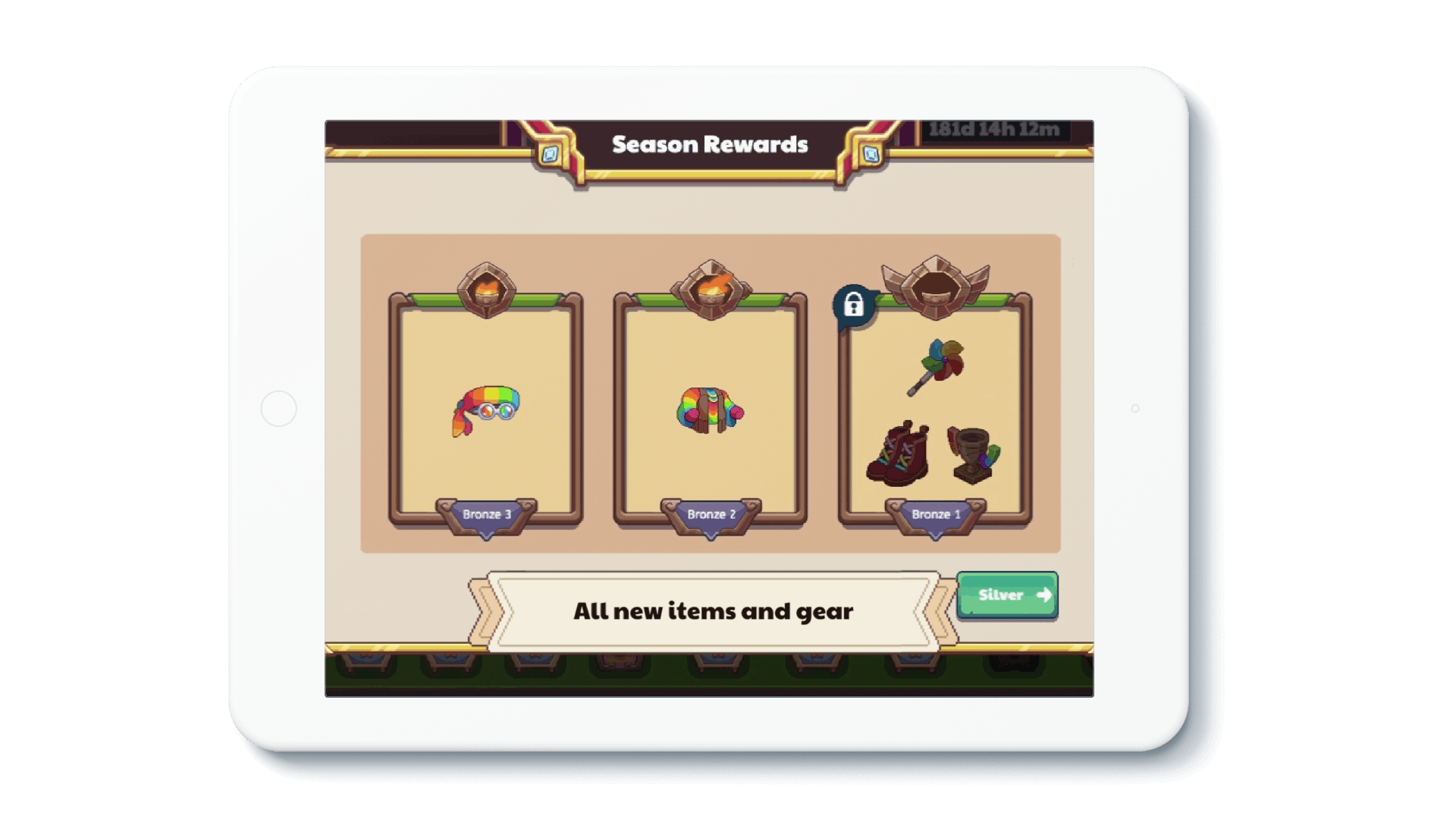 Tablet device showing in-game footage of the new Arena, with a banner that reads: "All new items and gear."