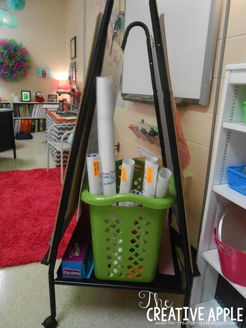 Anchor charts stored in classroom hamper.