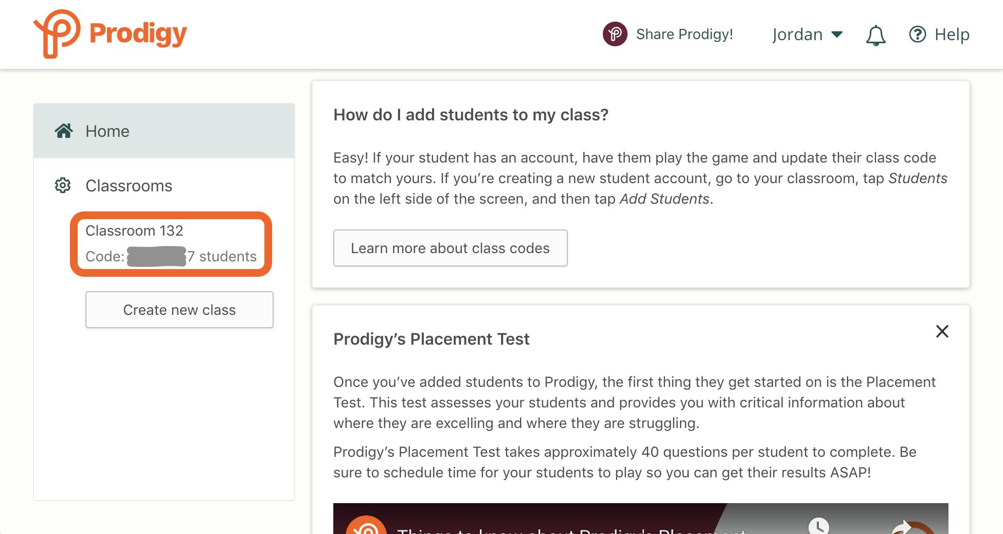 From your Prodigy teacher dashboard, this is where you select the classroom you want to create an assessment for.