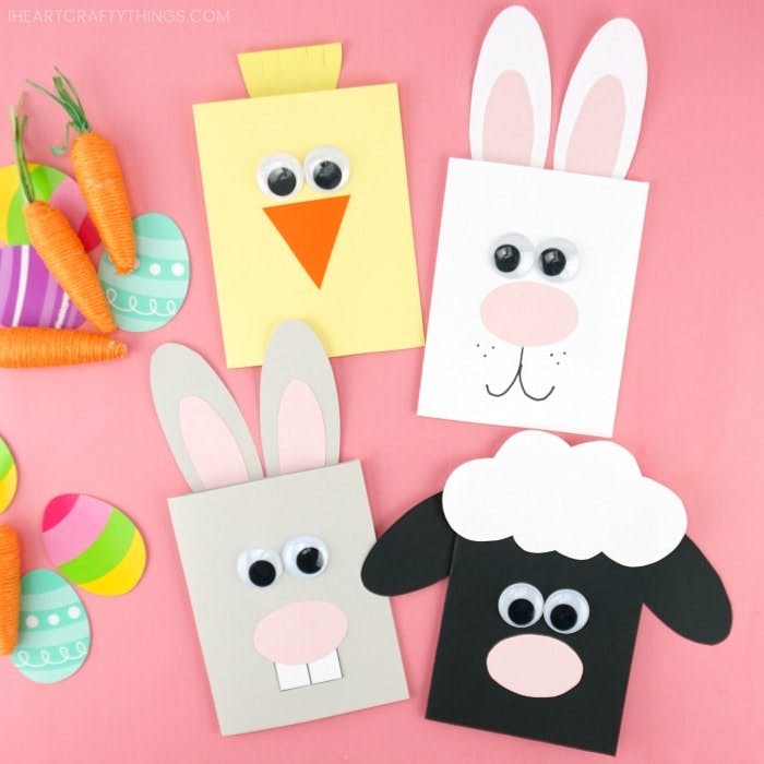 Decorated Easter cards made to look like a chick, two bunnies and a sheep.