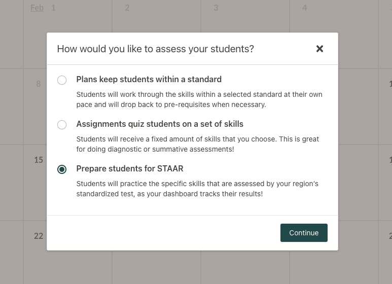 Screenshot of the Assessments selection pop up in the Prodigy teacher dashboard.