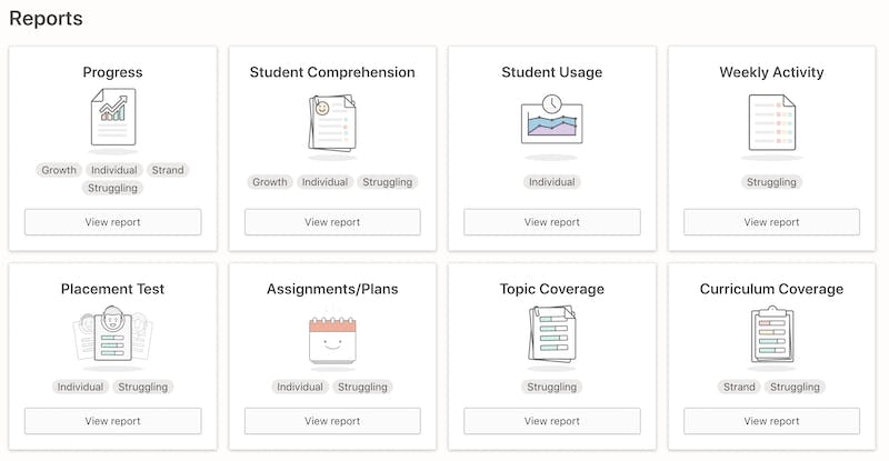 In-app screenshot of Prodigy's teacher reports