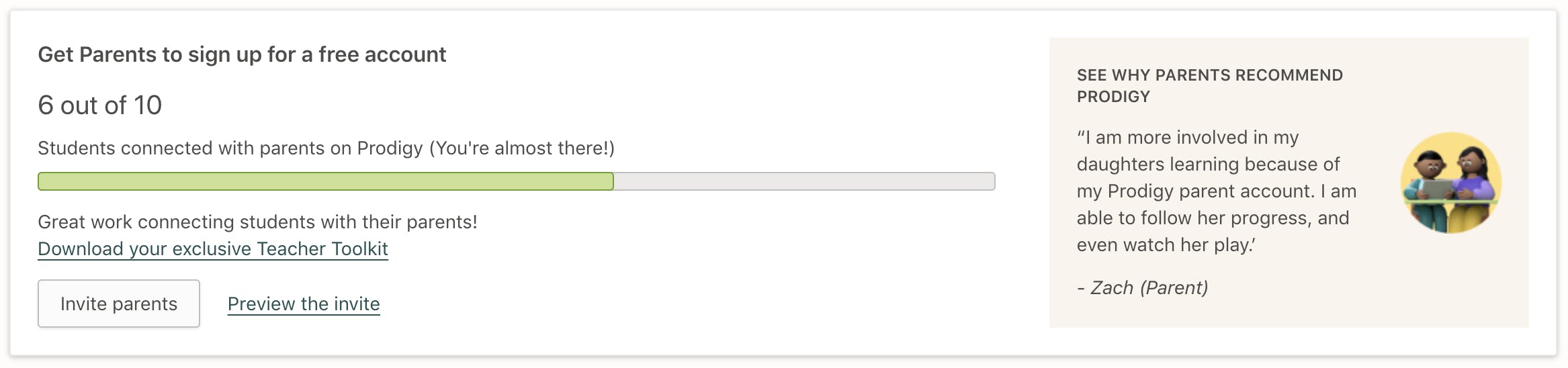 A widget in the Prodigy teacher account you can use to invite parents to Prodigy so they can create a free parent account.