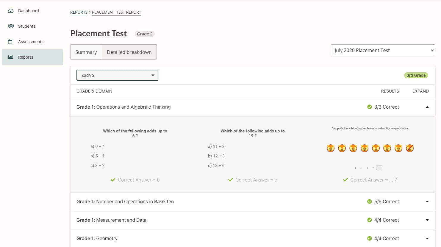 Screenshot of the Placement Test report detailed breakdown with sample questions in the Prodigy teacher dashboard.