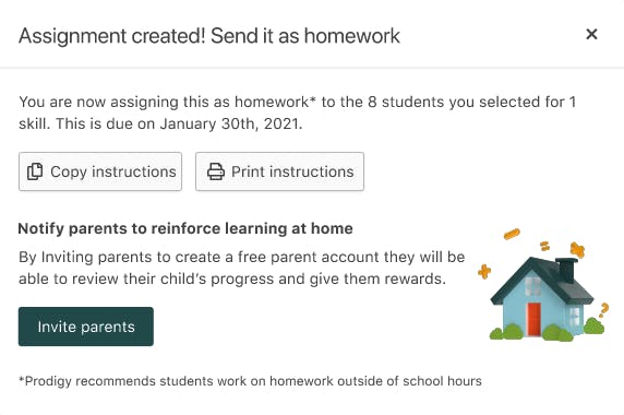 Screenshot of assignment creation step in Prodigy's teacher dashboard showing teachers the option to send an Assignment as homework.