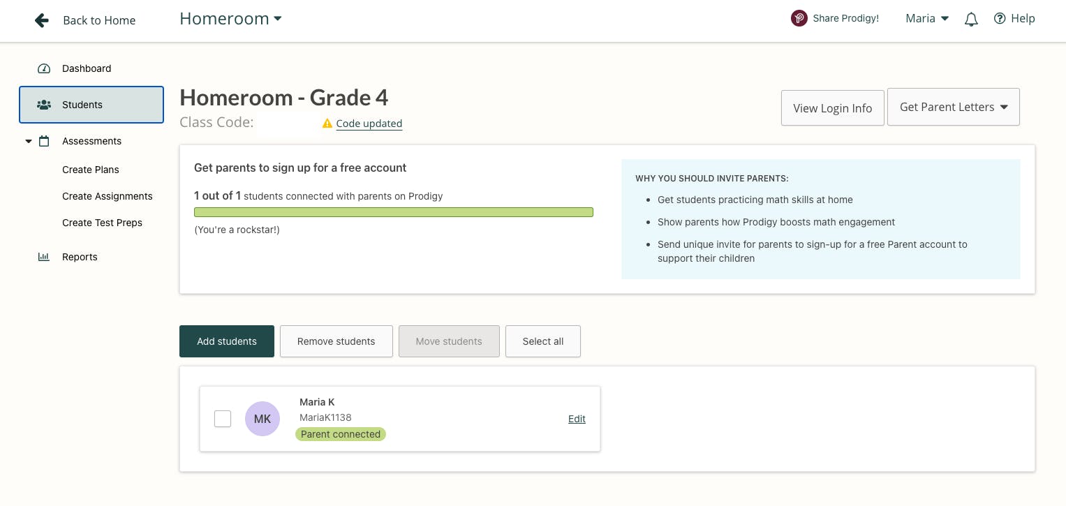Screenshot of the students tab in the Prodigy teacher dashboard.