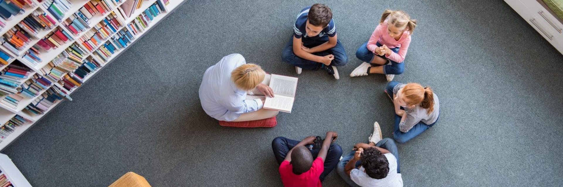 Bird's-eye view of a teacher and five students sitting on the ground during reading activities.