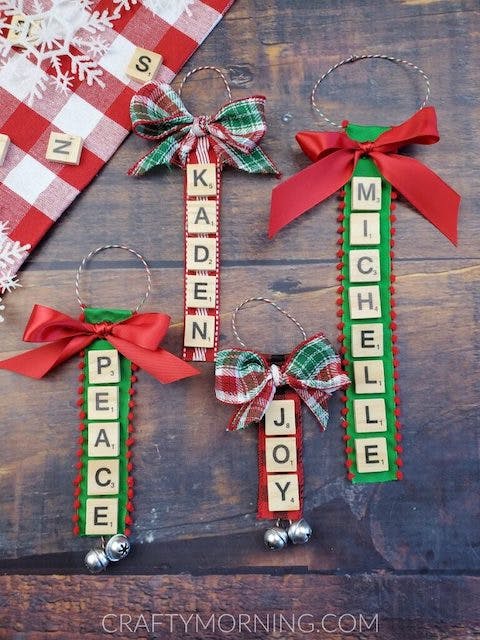 Red and green homemade Scrabble tile keychains