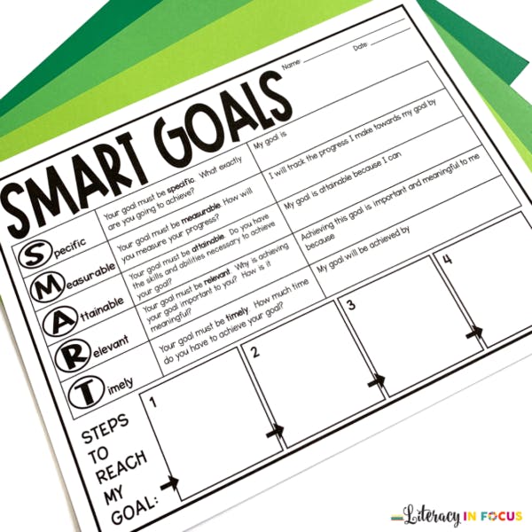 SMART goal worksheet from Literacy in Focus