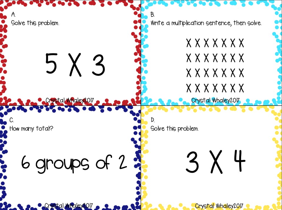 An example of multiplication scoot question cards from Teachers Pay Teachers.