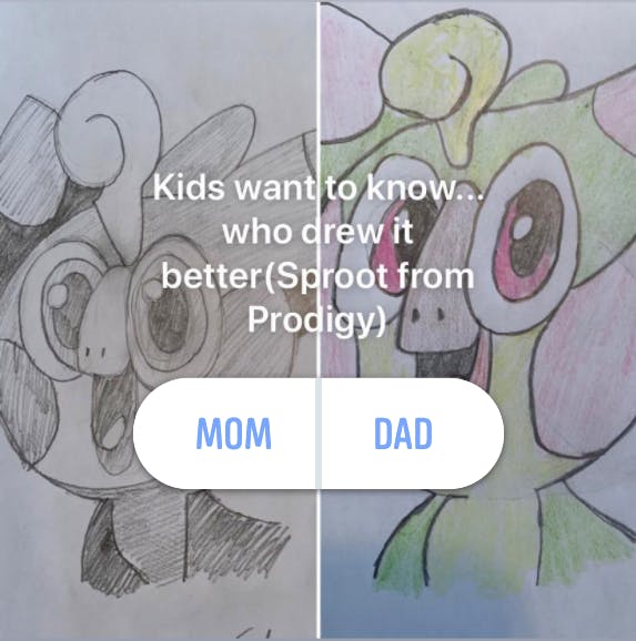 Instagram poll showing two drawings of Prodigy character, Sproot