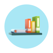 Books on a shelf with a blue background.