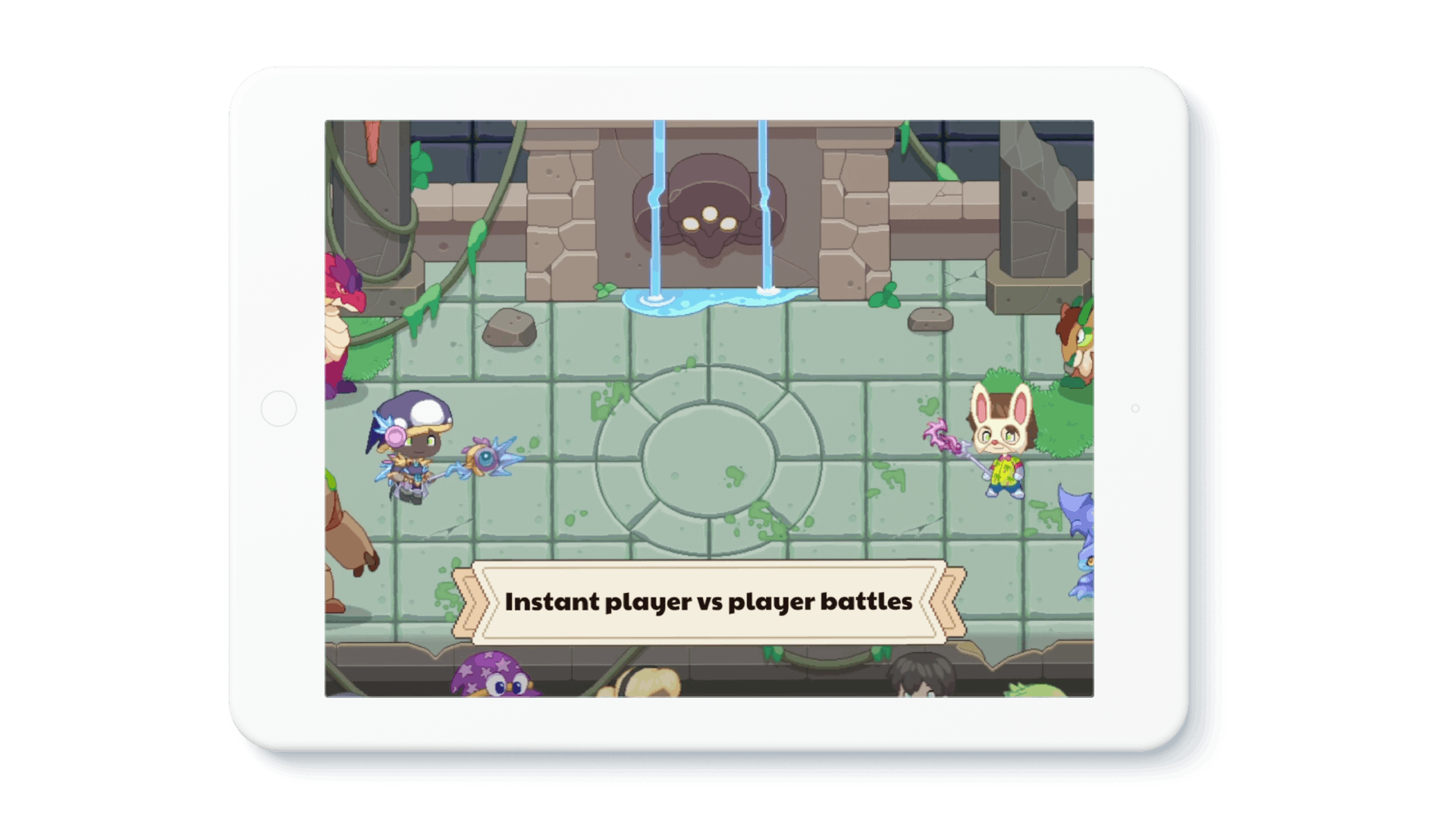 Tablet device showing in-game footage of the new Arena, with a banner that reads: "Instant player vs. player battles."