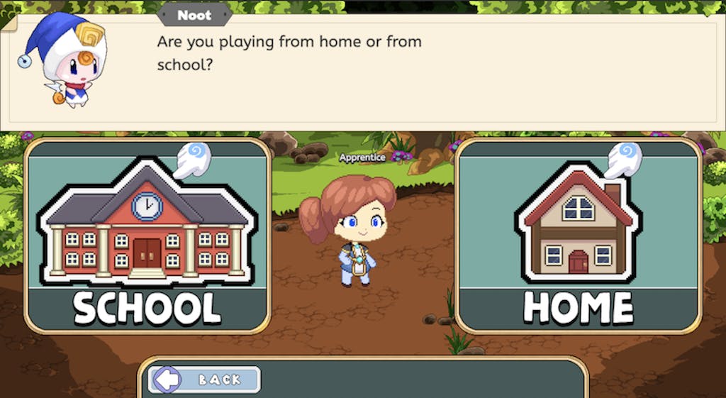 Players' screen asking them to select whether they're playing from school or home.