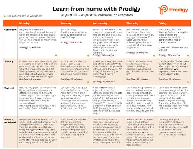 An example of one of Prodigy's free activity calendars.