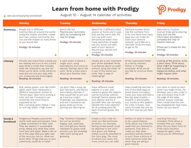 Example of Prodigy's printable calendar of activities 