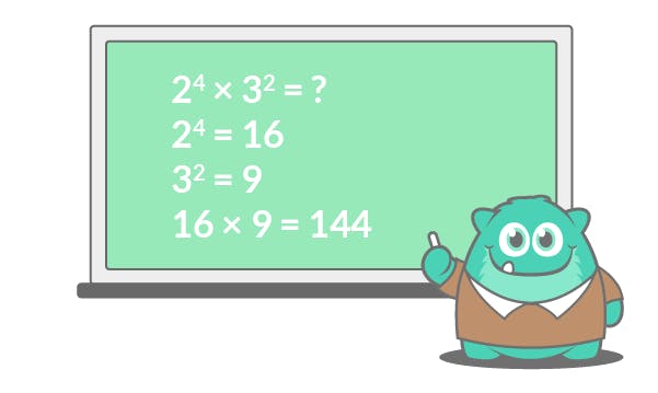 Cartoon green chalkboard attempting to simplify numbers down to a single exponent.