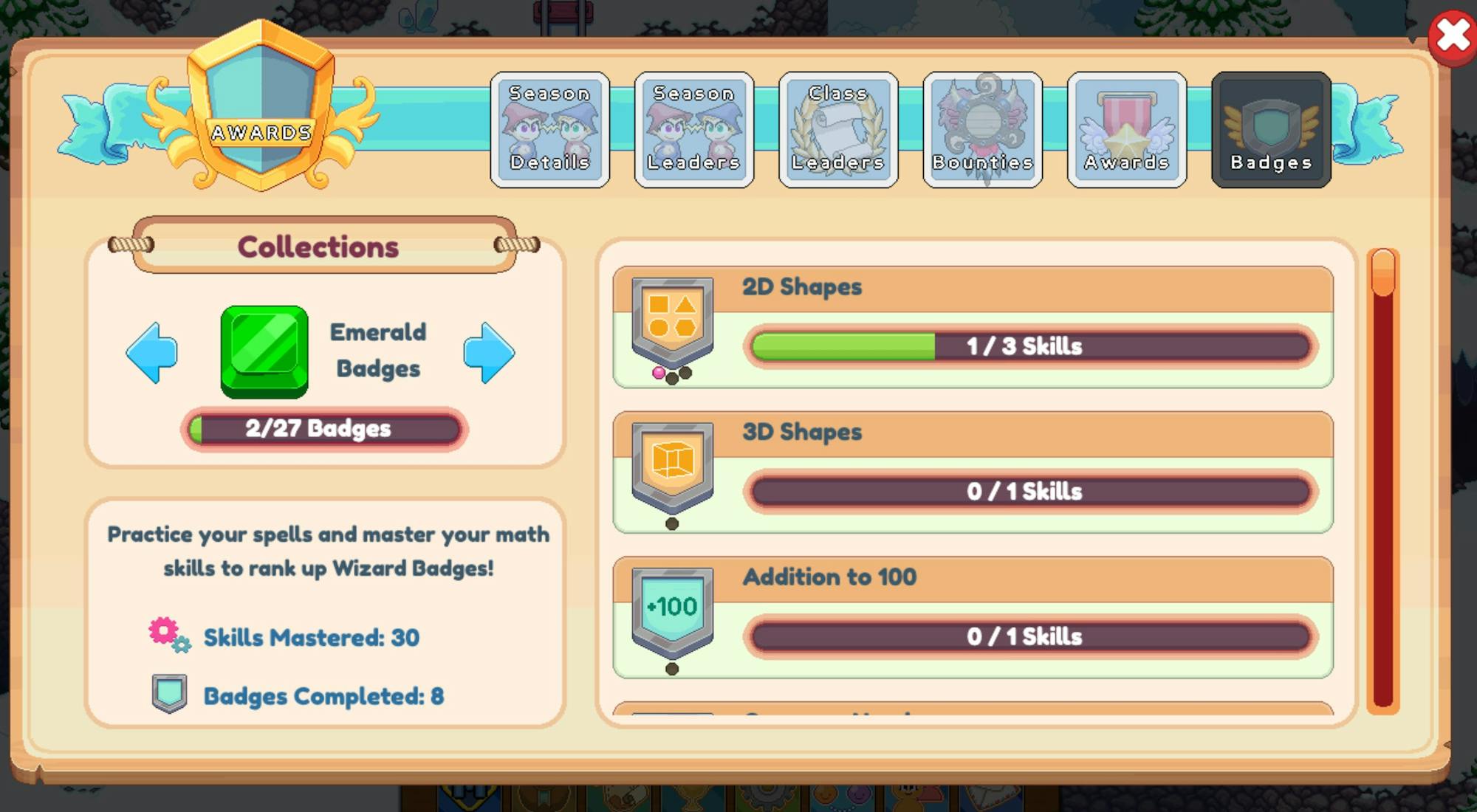 Prodigy Math awards screen.