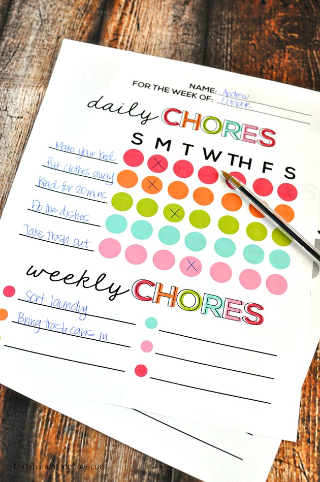 Printed family goal chore chart template from Thirty Handmade Days.