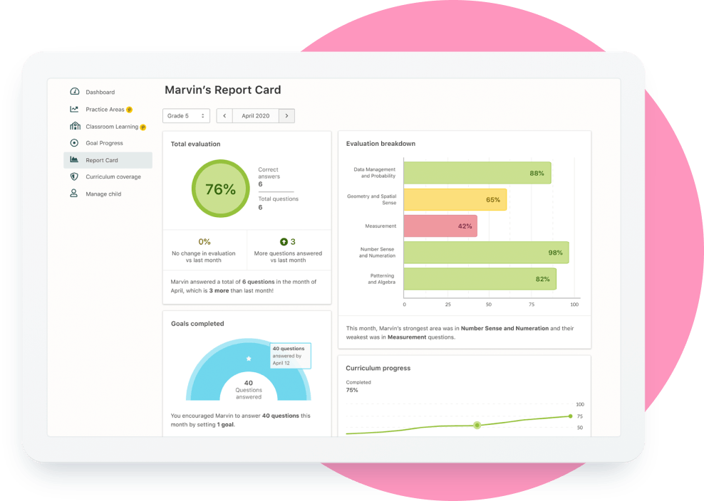Student report card on pink ellipse