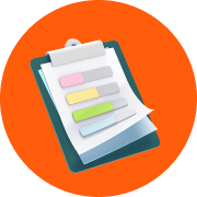 Clipboard icon with orange circle.