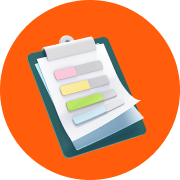 Clipboard icon with orange circle. 