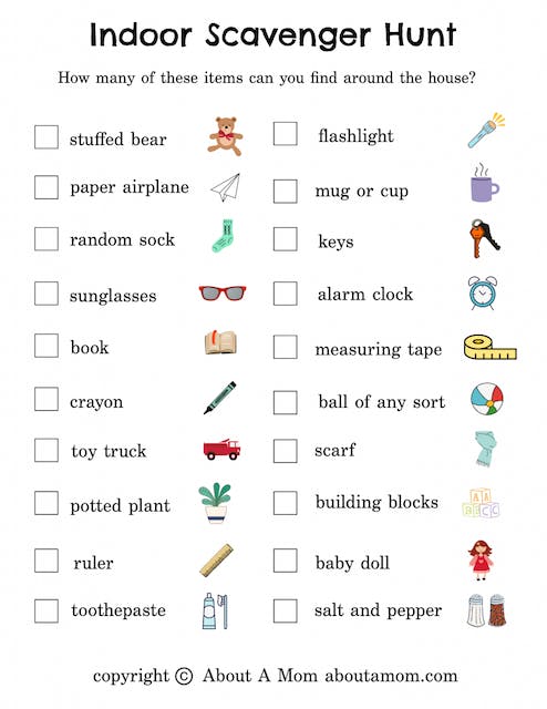 An example printout of an indoor scavenger hunt for kids.