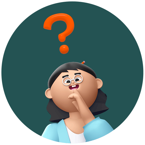 Animated woman with orange bubble question mark over her head standing in front of a green circle.
