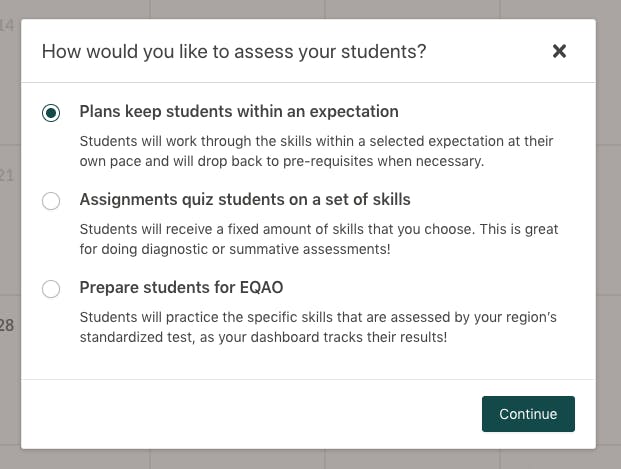 Screenshot of assessments creation pop-up in Prodigy's teacher dashboard