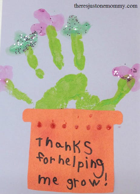 Homemade card with a plant painted on it that reads "thanks for helping me grow!"