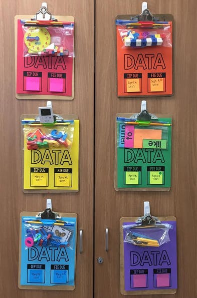 Storage clipboards for individual student data.