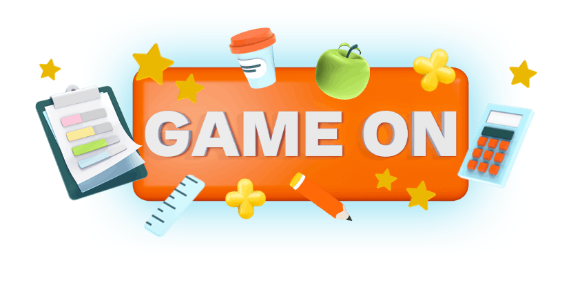 A button that says GAME ON with teacher items floating around it.