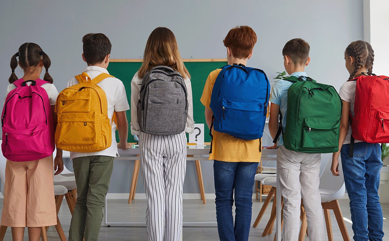 A group of children with backpacks standing together