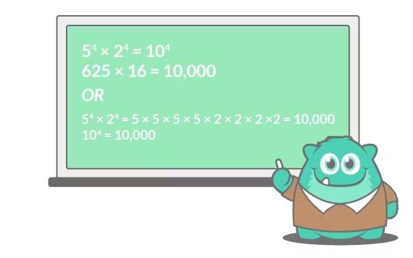 Cartoon green chalkboard attempting to simplify numbers down to multiple Exponents With Different Bases