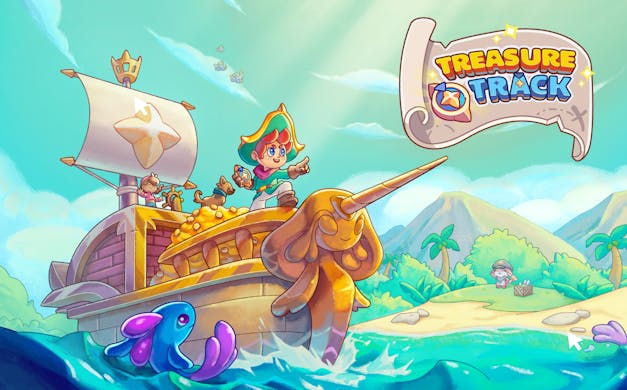 Artwork showing a character from Prodigy Math, standing at the front of a ship, pointing towards a sign which reads 'Treasure Track'