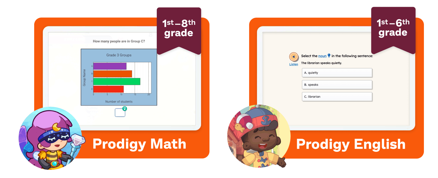 Screenshot of Prodigy Math and English game with game characters solving math and English questions.
