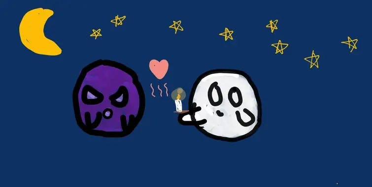 Theaa Addawise's art Two playful purple and white ghosts hold a glowing candle for Wiztober