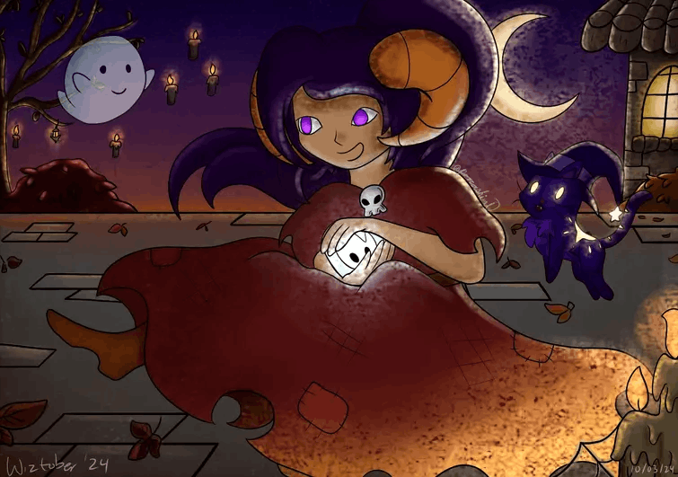 Cadence Nighttalon's art A girl in a vibrant red dress joyfully holds a bright white ghost for Wiztober