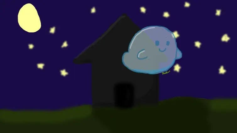 Tarragon-Knight-Makar's art ghost floats above an house under a starry night sky for Wiztober