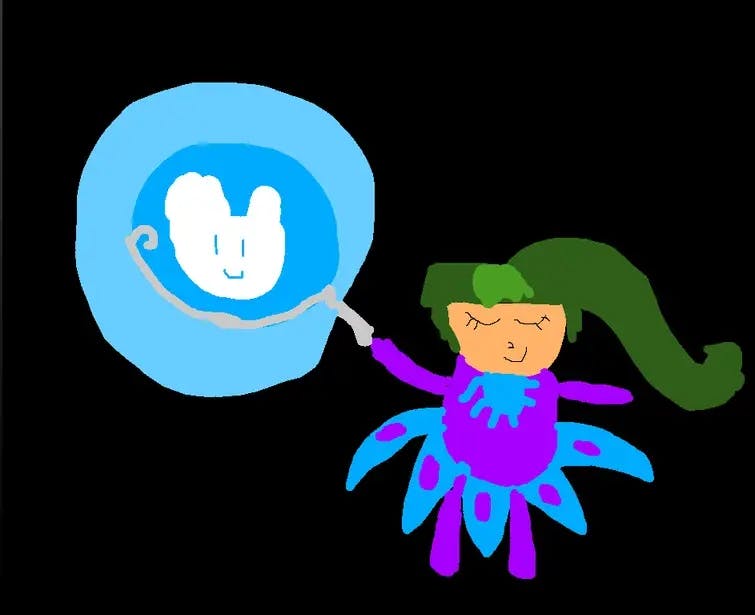 Adriana Bronzelight's art a cheerful game character with a blue face joyfully holds a colorful balloon for Wiztober