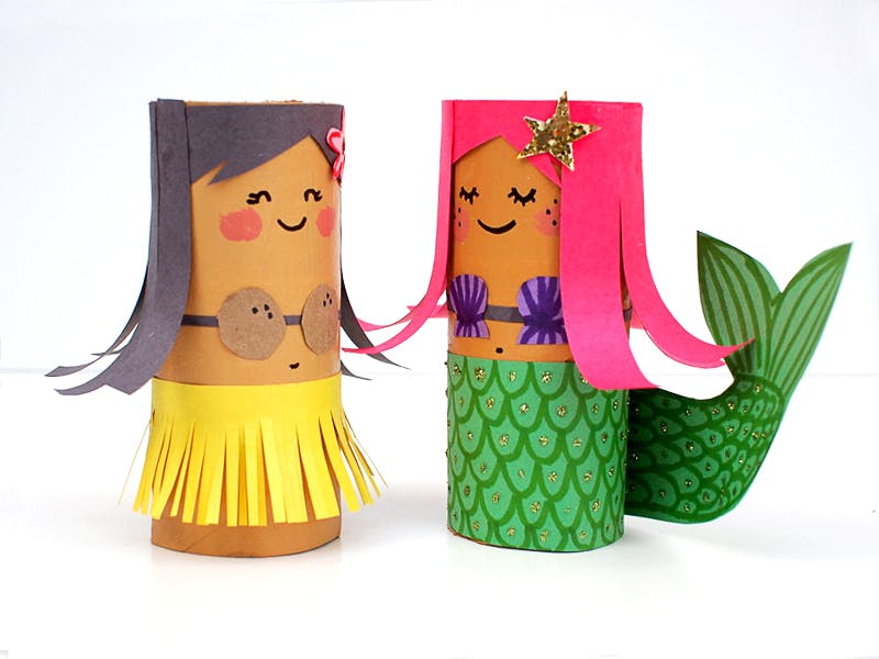 Toilet paper rolls decorated to look like a Hula dancer and a mermaid