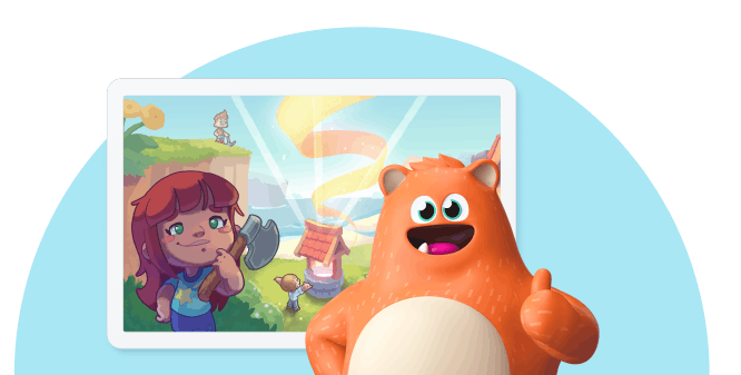 Prodigy Education Ed Mascot with Prodigy English Game in tablet in Sky Blue background.