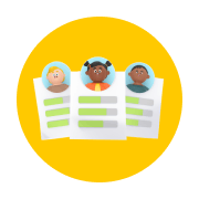 Three report cards with student faces on a yellow background.