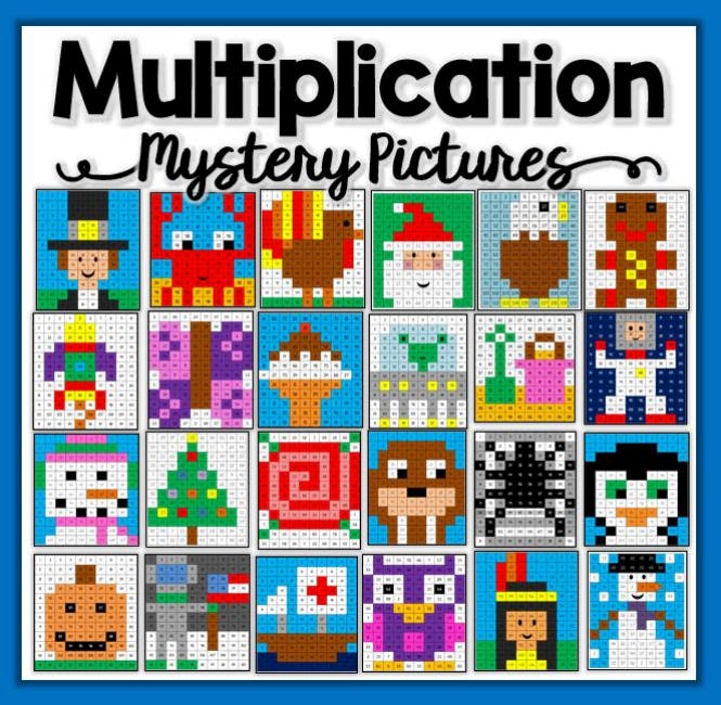 An example of mystery picture multiplication game template from Teachers Pay Teachers.