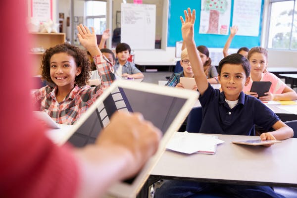 Students raising their hands in class.
